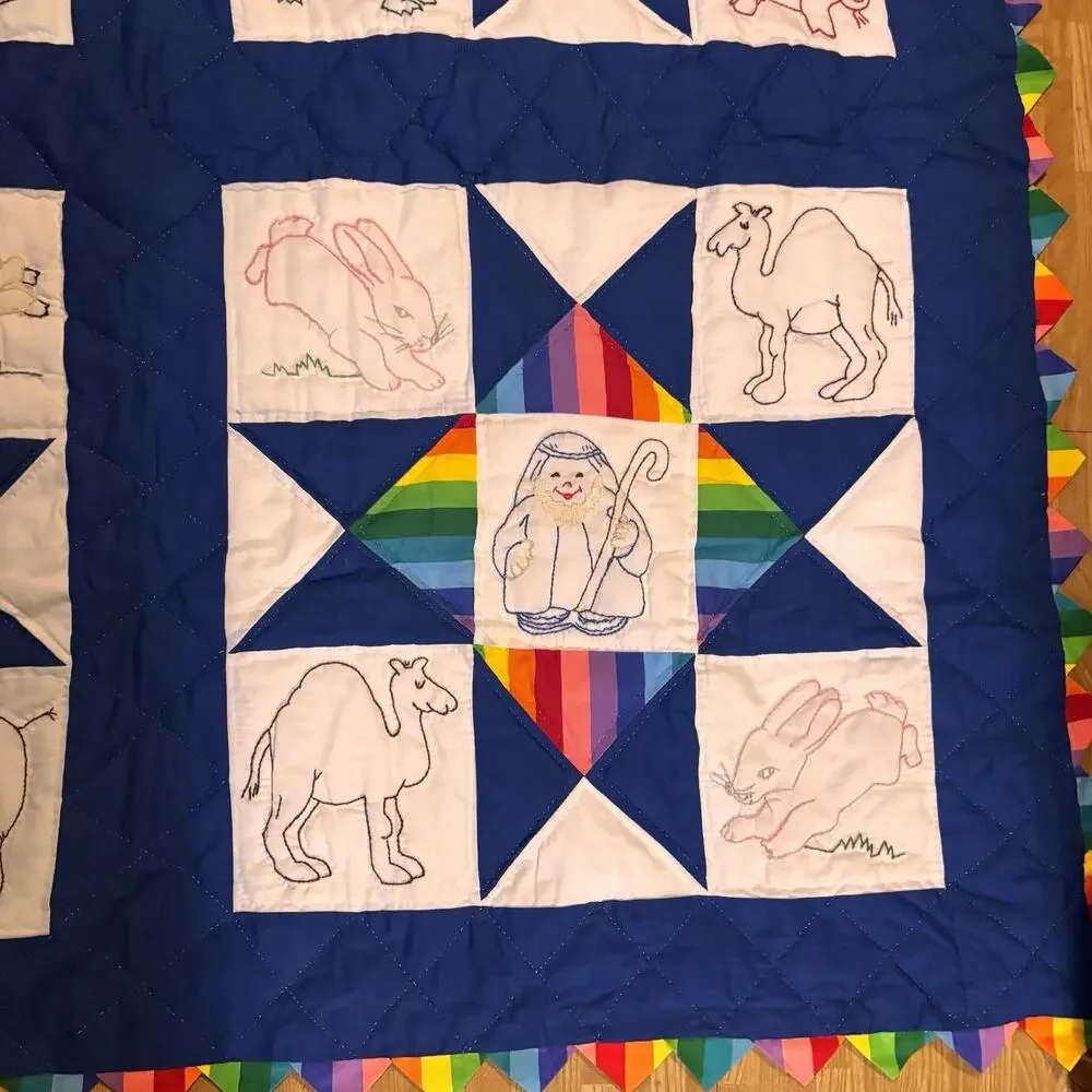 Handmade Noah’s Ark Animal Rainbow Embroidered Quilt Blanket 50x50 Vintage Style